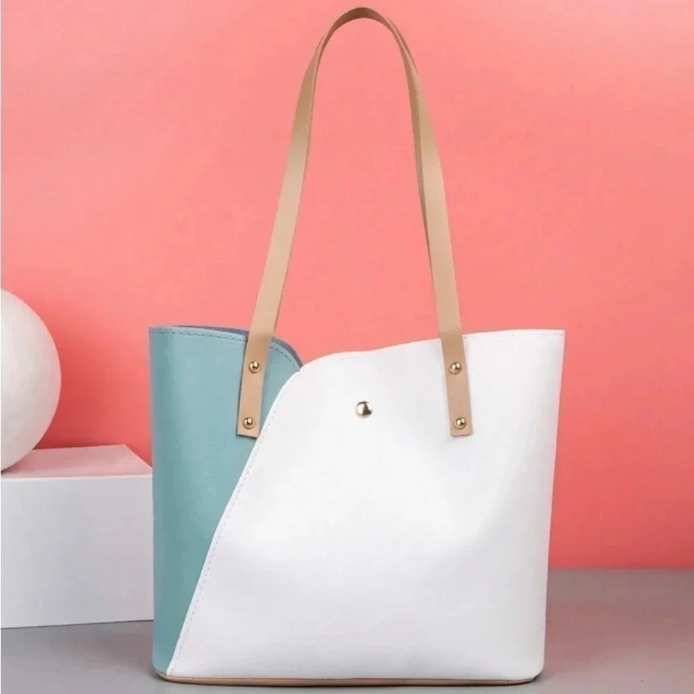 ⚠️Clearance White And Blue Color Block Shoulder Tote Bag